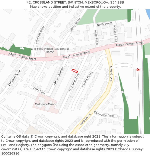 42, CROSSLAND STREET, SWINTON, MEXBOROUGH, S64 8BB: Location map and indicative extent of plot