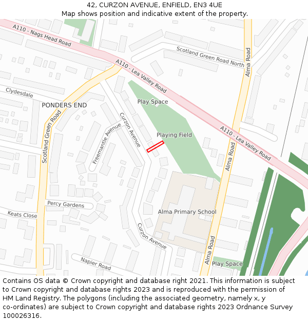 42, CURZON AVENUE, ENFIELD, EN3 4UE: Location map and indicative extent of plot