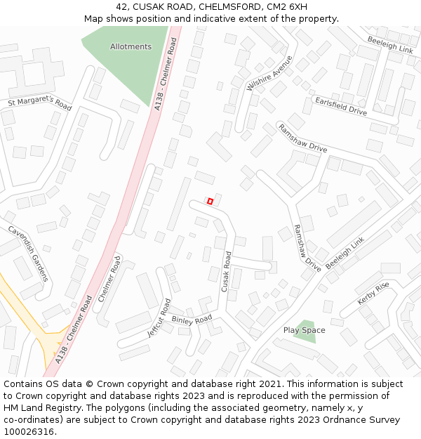 42, CUSAK ROAD, CHELMSFORD, CM2 6XH: Location map and indicative extent of plot