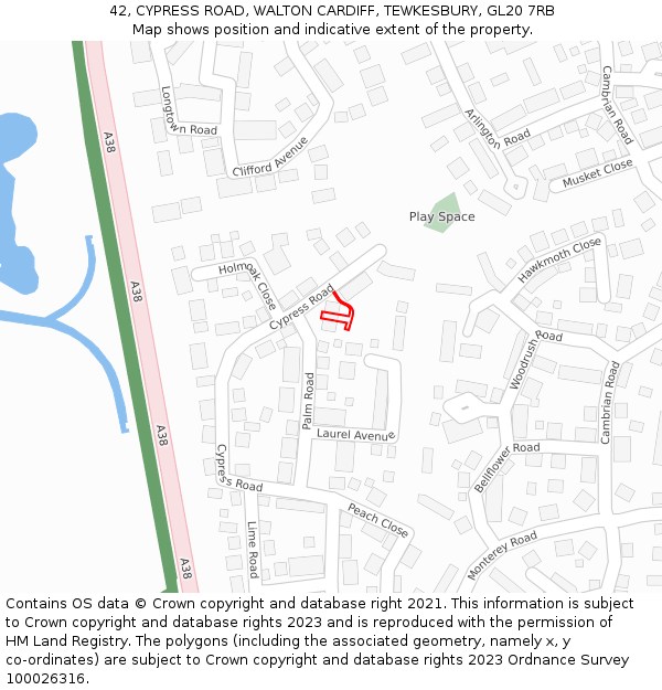 42, CYPRESS ROAD, WALTON CARDIFF, TEWKESBURY, GL20 7RB: Location map and indicative extent of plot