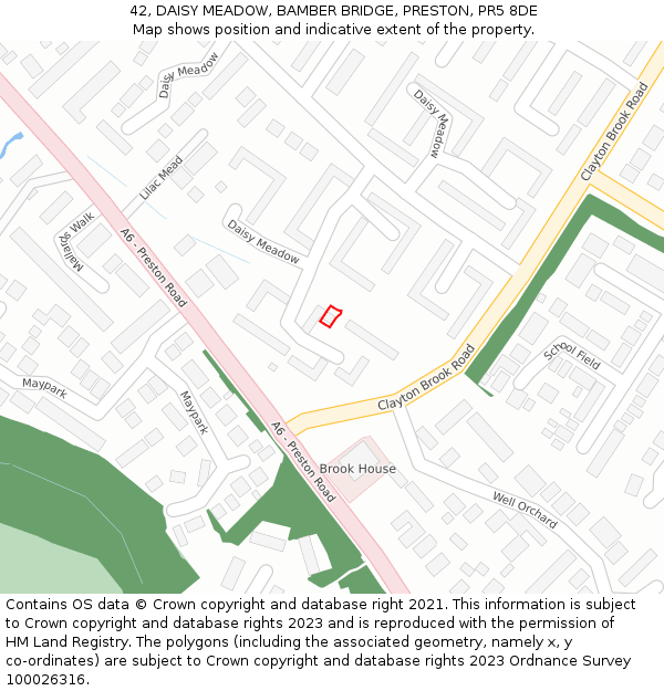 42, DAISY MEADOW, BAMBER BRIDGE, PRESTON, PR5 8DE: Location map and indicative extent of plot
