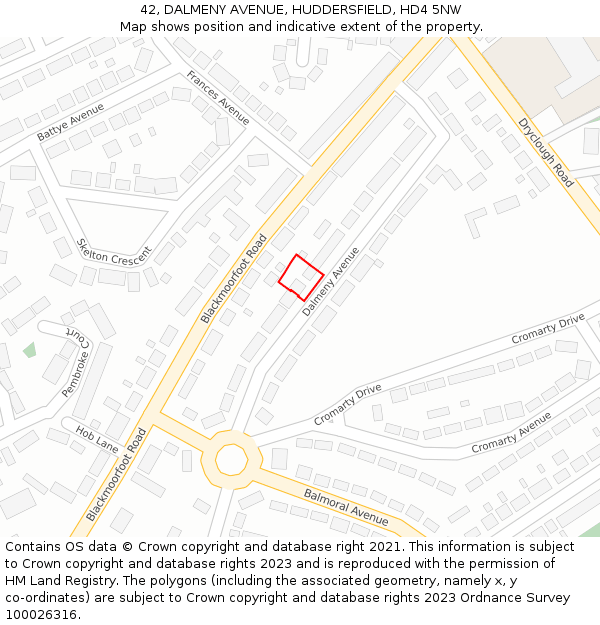 42, DALMENY AVENUE, HUDDERSFIELD, HD4 5NW: Location map and indicative extent of plot