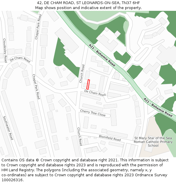 42, DE CHAM ROAD, ST LEONARDS-ON-SEA, TN37 6HF: Location map and indicative extent of plot