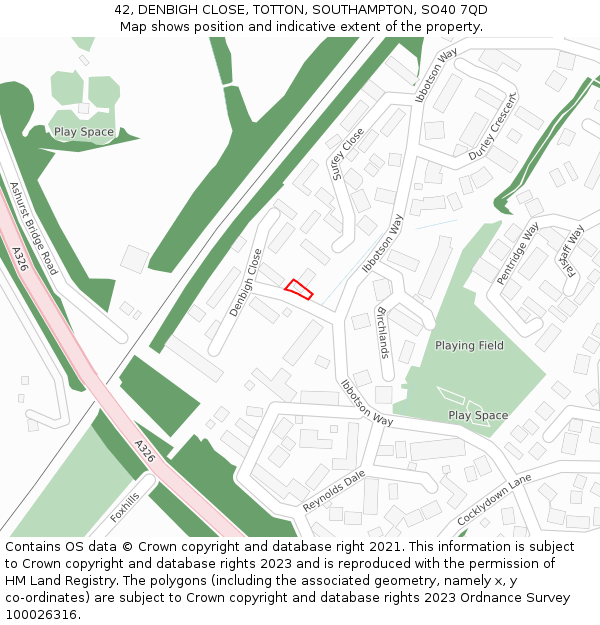 42, DENBIGH CLOSE, TOTTON, SOUTHAMPTON, SO40 7QD: Location map and indicative extent of plot