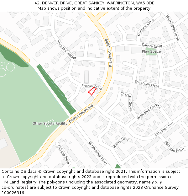 42, DENVER DRIVE, GREAT SANKEY, WARRINGTON, WA5 8DE: Location map and indicative extent of plot