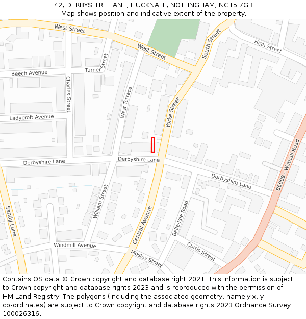 42, DERBYSHIRE LANE, HUCKNALL, NOTTINGHAM, NG15 7GB: Location map and indicative extent of plot