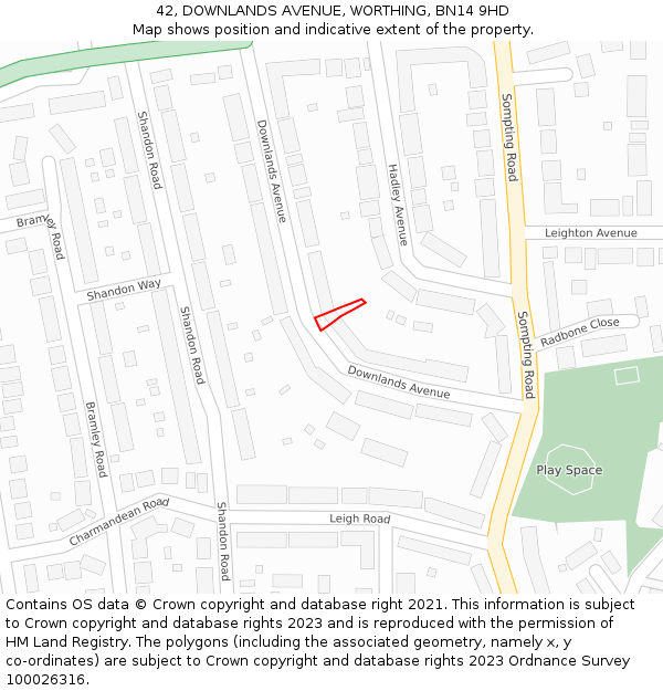 42, DOWNLANDS AVENUE, WORTHING, BN14 9HD: Location map and indicative extent of plot