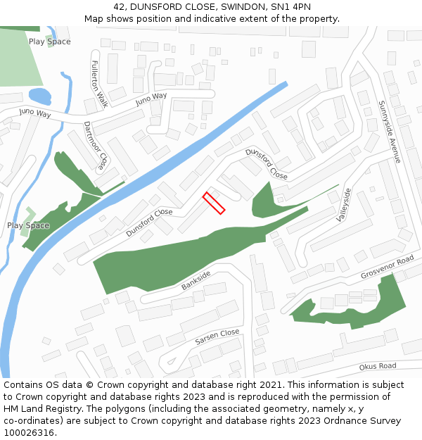 42, DUNSFORD CLOSE, SWINDON, SN1 4PN: Location map and indicative extent of plot