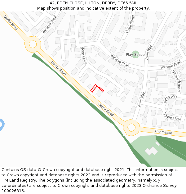 42, EDEN CLOSE, HILTON, DERBY, DE65 5NL: Location map and indicative extent of plot