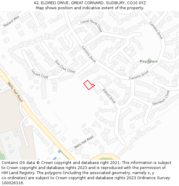 42, ELDRED DRIVE, GREAT CORNARD, SUDBURY, CO10 0YZ: Location map and indicative extent of plot