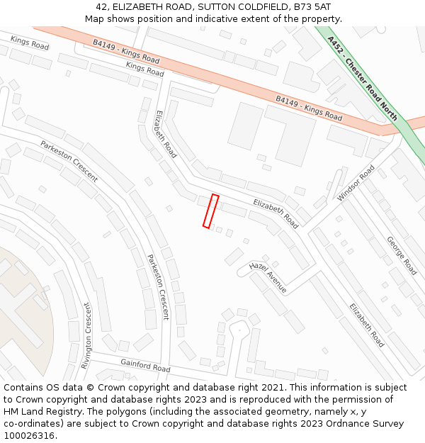 42, ELIZABETH ROAD, SUTTON COLDFIELD, B73 5AT: Location map and indicative extent of plot