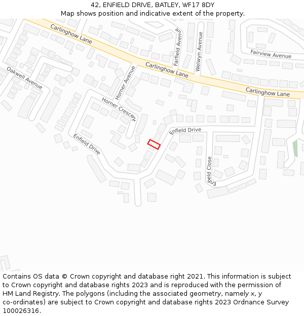 42, ENFIELD DRIVE, BATLEY, WF17 8DY: Location map and indicative extent of plot