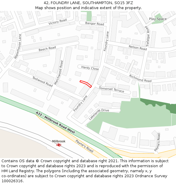 42, FOUNDRY LANE, SOUTHAMPTON, SO15 3FZ: Location map and indicative extent of plot