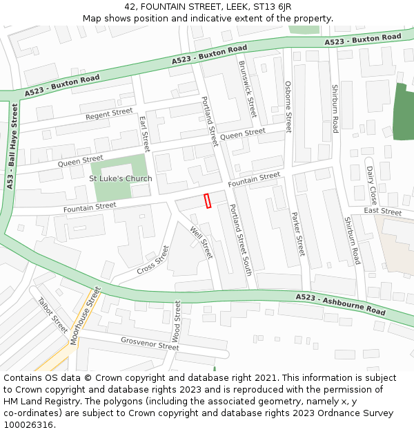 42, FOUNTAIN STREET, LEEK, ST13 6JR: Location map and indicative extent of plot