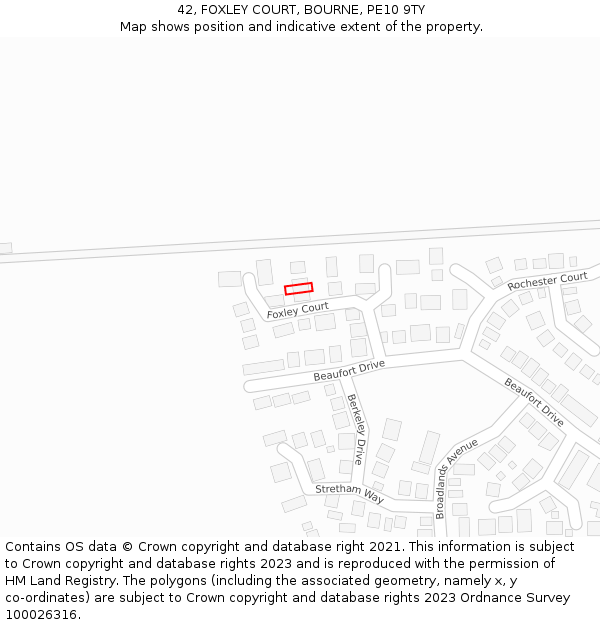 42, FOXLEY COURT, BOURNE, PE10 9TY: Location map and indicative extent of plot