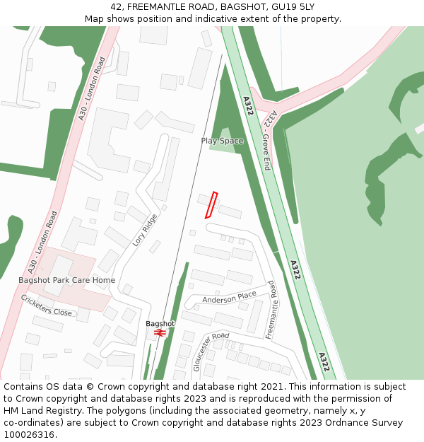 42, FREEMANTLE ROAD, BAGSHOT, GU19 5LY: Location map and indicative extent of plot