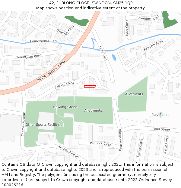 42, FURLONG CLOSE, SWINDON, SN25 1QP: Location map and indicative extent of plot