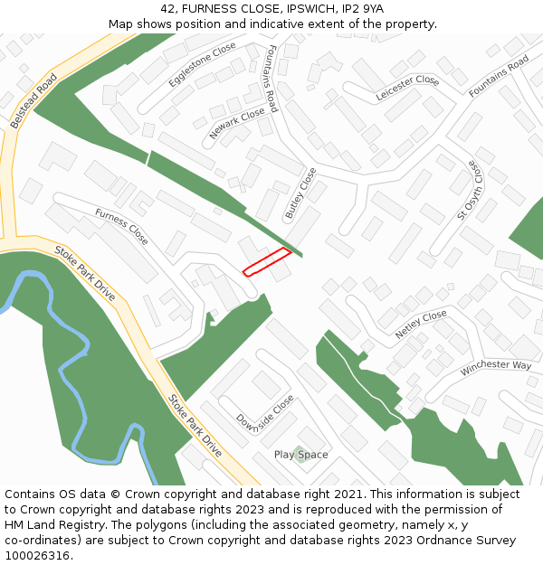 42, FURNESS CLOSE, IPSWICH, IP2 9YA: Location map and indicative extent of plot