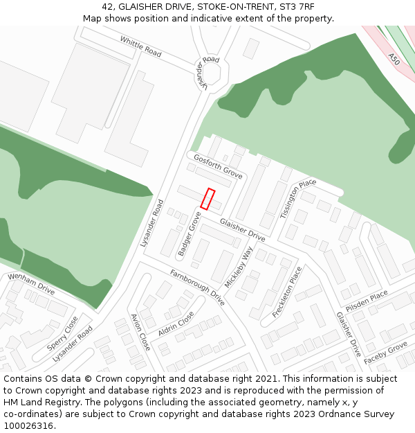 42, GLAISHER DRIVE, STOKE-ON-TRENT, ST3 7RF: Location map and indicative extent of plot