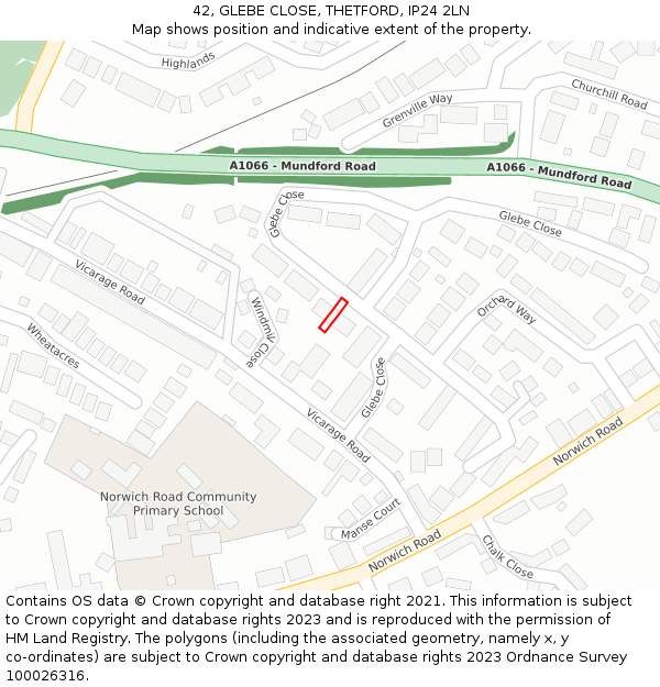 42, GLEBE CLOSE, THETFORD, IP24 2LN: Location map and indicative extent of plot