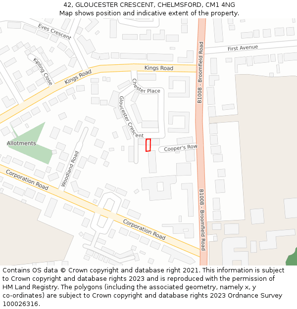 42, GLOUCESTER CRESCENT, CHELMSFORD, CM1 4NG: Location map and indicative extent of plot