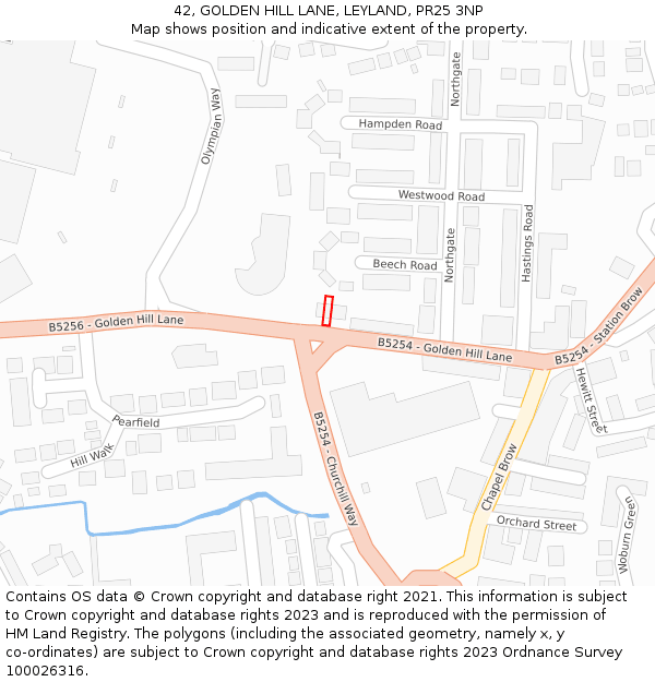 42, GOLDEN HILL LANE, LEYLAND, PR25 3NP: Location map and indicative extent of plot