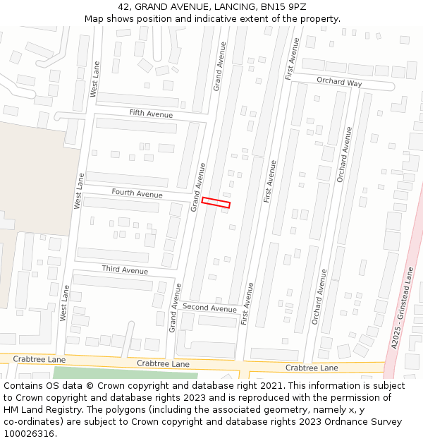 42, GRAND AVENUE, LANCING, BN15 9PZ: Location map and indicative extent of plot