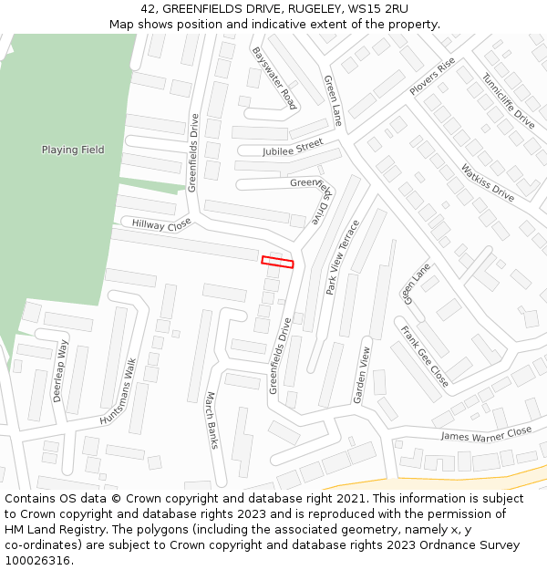 42, GREENFIELDS DRIVE, RUGELEY, WS15 2RU: Location map and indicative extent of plot