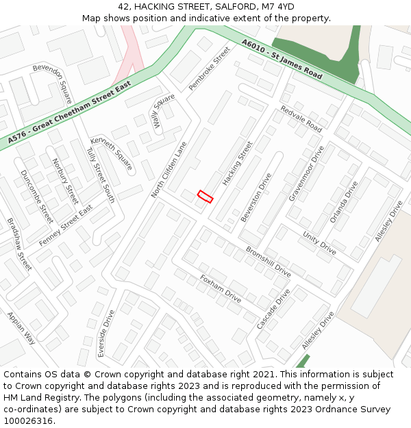 42, HACKING STREET, SALFORD, M7 4YD: Location map and indicative extent of plot