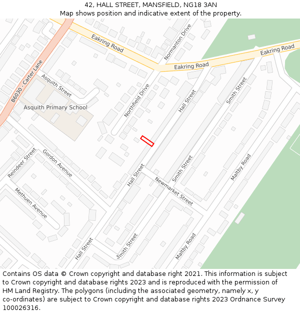 42, HALL STREET, MANSFIELD, NG18 3AN: Location map and indicative extent of plot