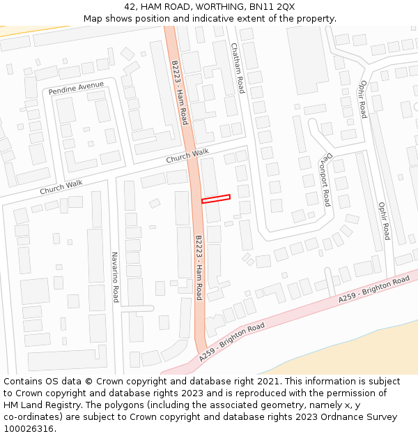 42, HAM ROAD, WORTHING, BN11 2QX: Location map and indicative extent of plot