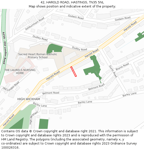 42, HAROLD ROAD, HASTINGS, TN35 5NL: Location map and indicative extent of plot
