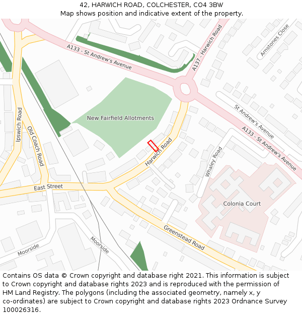 42, HARWICH ROAD, COLCHESTER, CO4 3BW: Location map and indicative extent of plot