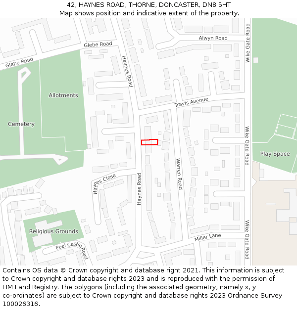 42, HAYNES ROAD, THORNE, DONCASTER, DN8 5HT: Location map and indicative extent of plot