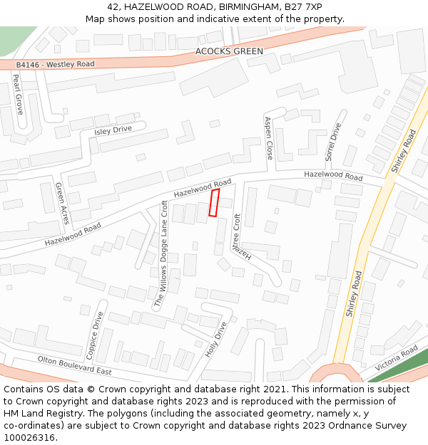42, HAZELWOOD ROAD, BIRMINGHAM, B27 7XP: Location map and indicative extent of plot