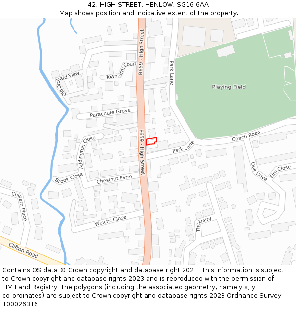 42, HIGH STREET, HENLOW, SG16 6AA: Location map and indicative extent of plot