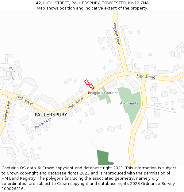42, HIGH STREET, PAULERSPURY, TOWCESTER, NN12 7NA: Location map and indicative extent of plot