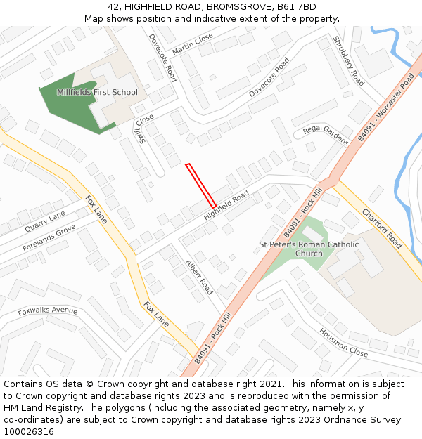 42, HIGHFIELD ROAD, BROMSGROVE, B61 7BD: Location map and indicative extent of plot
