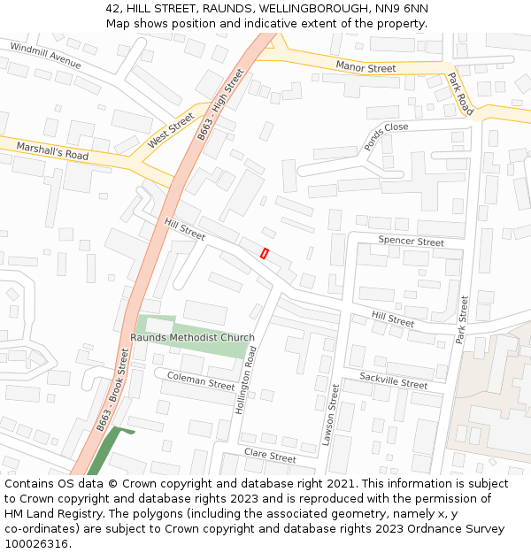 42, HILL STREET, RAUNDS, WELLINGBOROUGH, NN9 6NN: Location map and indicative extent of plot