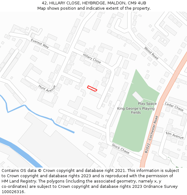 42, HILLARY CLOSE, HEYBRIDGE, MALDON, CM9 4UB: Location map and indicative extent of plot