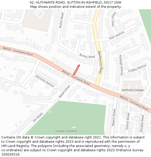 42, HUTHWAITE ROAD, SUTTON-IN-ASHFIELD, NG17 2GW: Location map and indicative extent of plot