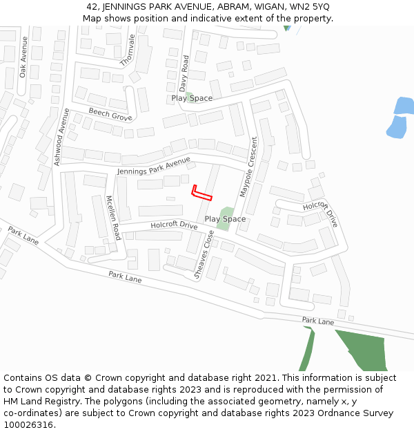 42, JENNINGS PARK AVENUE, ABRAM, WIGAN, WN2 5YQ: Location map and indicative extent of plot