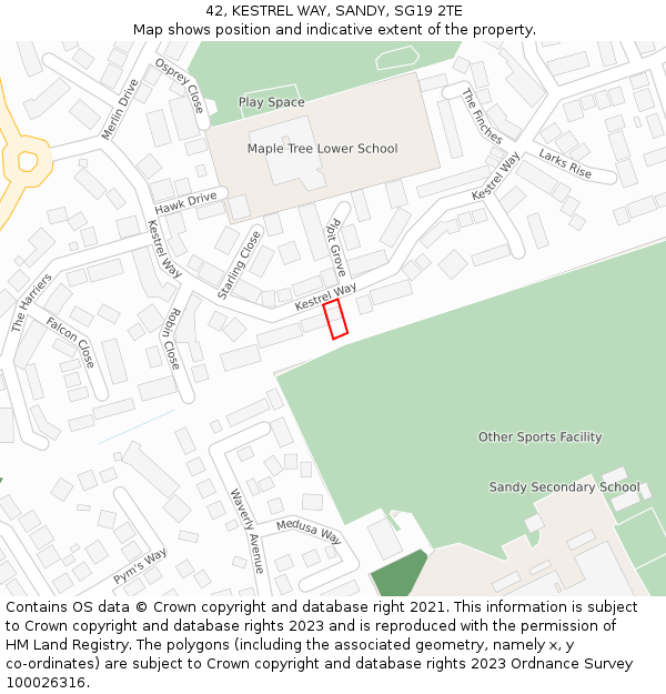 42, KESTREL WAY, SANDY, SG19 2TE: Location map and indicative extent of plot