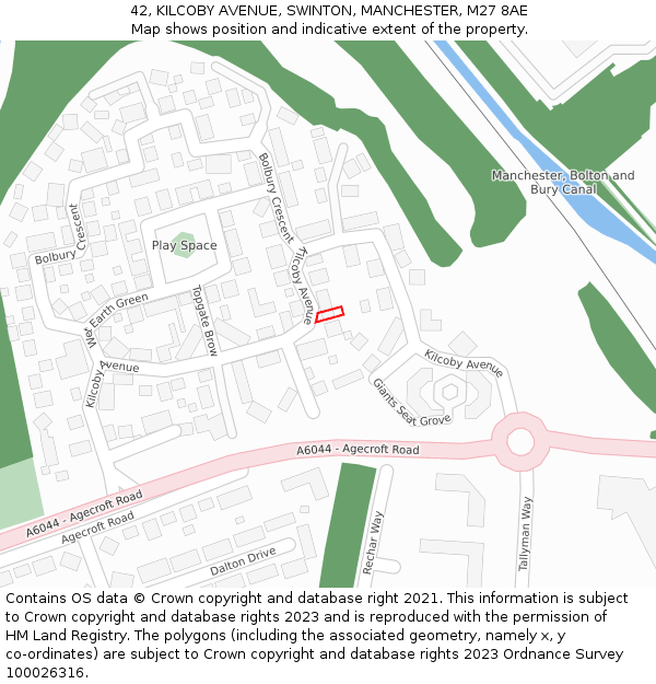 42, KILCOBY AVENUE, SWINTON, MANCHESTER, M27 8AE: Location map and indicative extent of plot