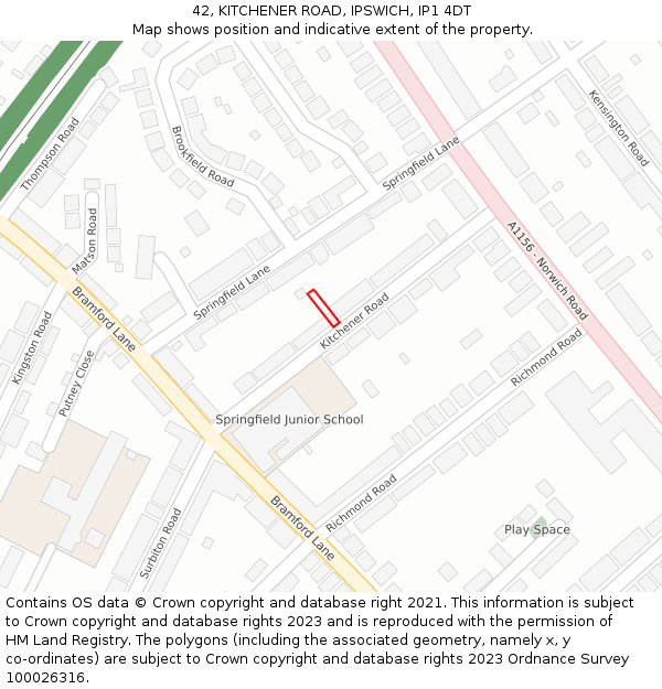 42, KITCHENER ROAD, IPSWICH, IP1 4DT: Location map and indicative extent of plot