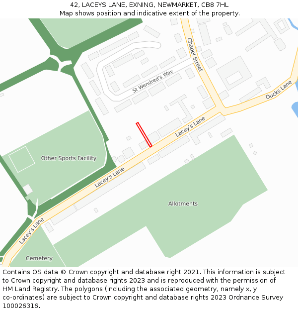 42, LACEYS LANE, EXNING, NEWMARKET, CB8 7HL: Location map and indicative extent of plot