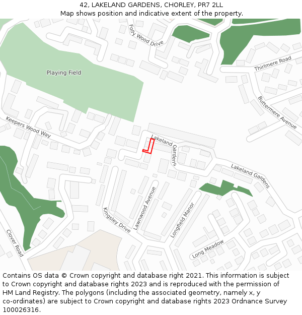 42, LAKELAND GARDENS, CHORLEY, PR7 2LL: Location map and indicative extent of plot