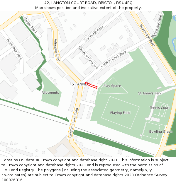 42, LANGTON COURT ROAD, BRISTOL, BS4 4EQ: Location map and indicative extent of plot