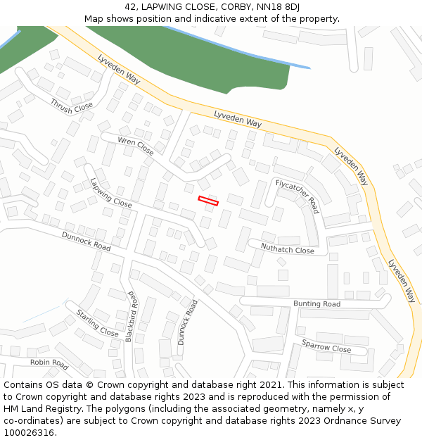 42, LAPWING CLOSE, CORBY, NN18 8DJ: Location map and indicative extent of plot