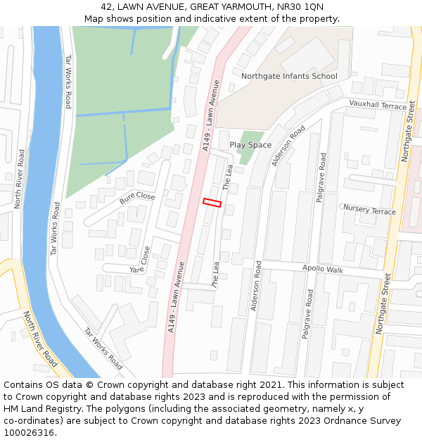 42, LAWN AVENUE, GREAT YARMOUTH, NR30 1QN: Location map and indicative extent of plot
